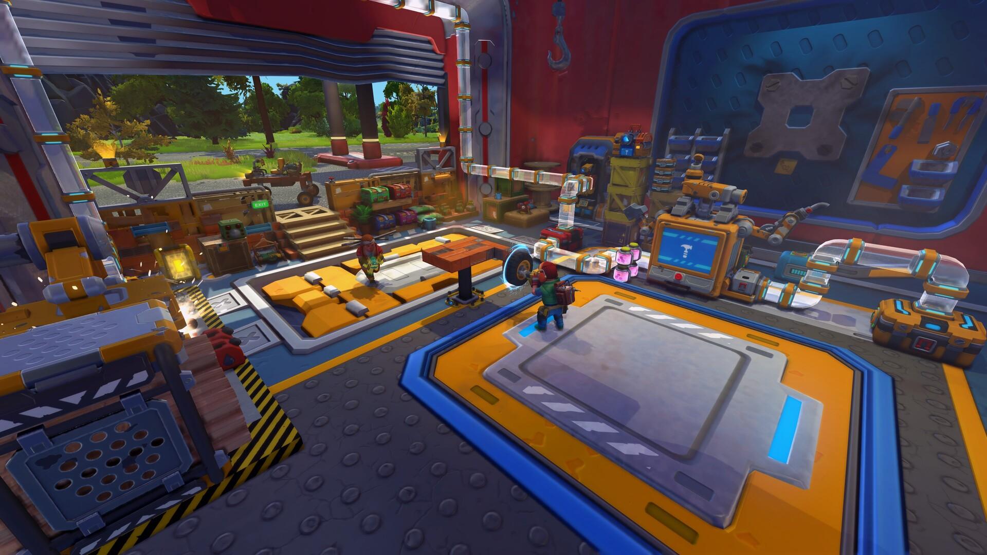 Mechanics working inside a powered Scrap Mechanic station