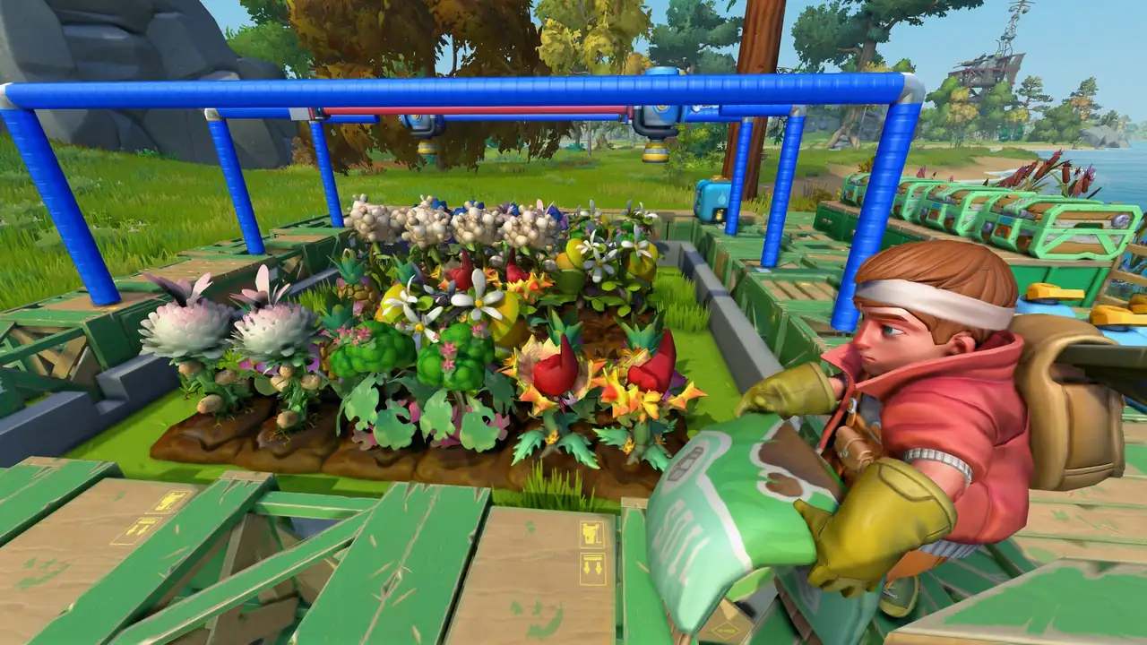 A mechanic working beside an automated Scrap Mechanic farm